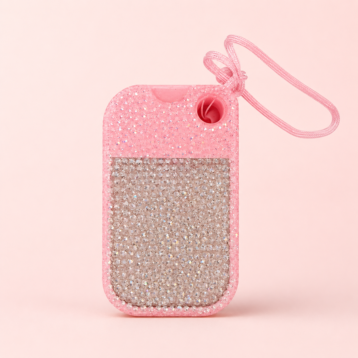 Pink holder fully covered in silver rhinestones