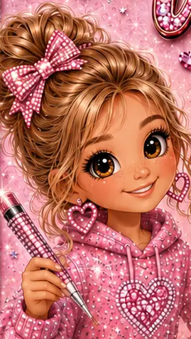 Illustration of Willow in a pink bedazzled hoodie holding a crystal pen