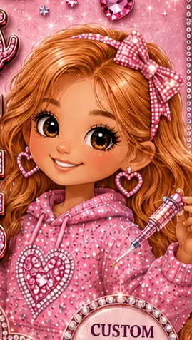 Illustration of Darcie in a pink bedazzled hoodie holding a crystal applicator
